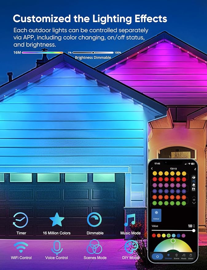 Permanent Outdoor Lights 150ftRGBW Eaves Light with 108 LED Lights111+ Scenes Modes Outdoor Lighting Waterproof Permanent Light for Daily Holiday Halloween Decorations Compatible with AlexaBlack