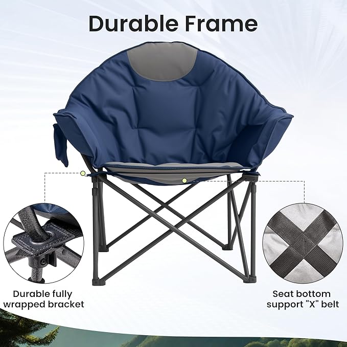 Oversized Camping Chair 500lbs Heavy Duty - Moon Saucer Folding Chair with Cup Holder Padded for Outdoor Lawn Sports Patio (Blue &amp Gray)