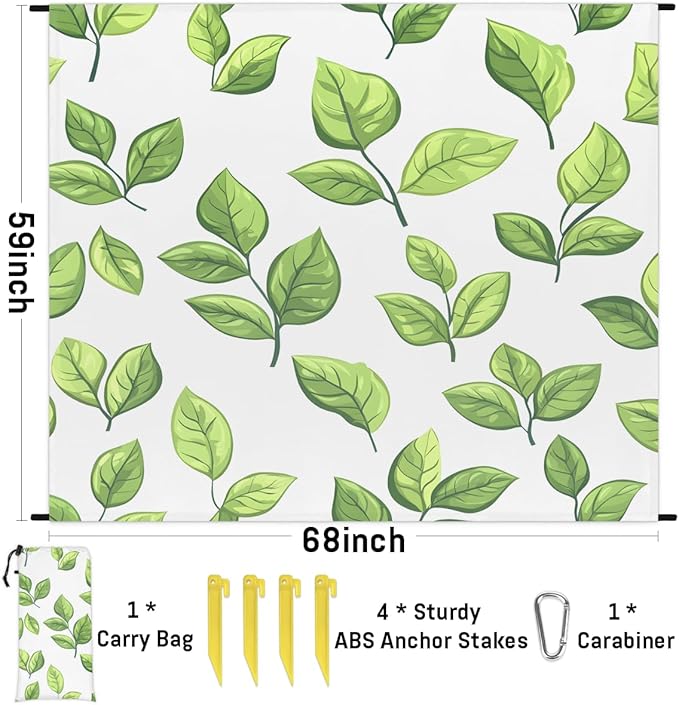 Waterproof Sandproof Beach Blanket 59''×68'' Elliptic Leaves Polyester Outdoor Picnic Blanket with 4 Stakes &amp Storage Bag for BeachCampingVacation White