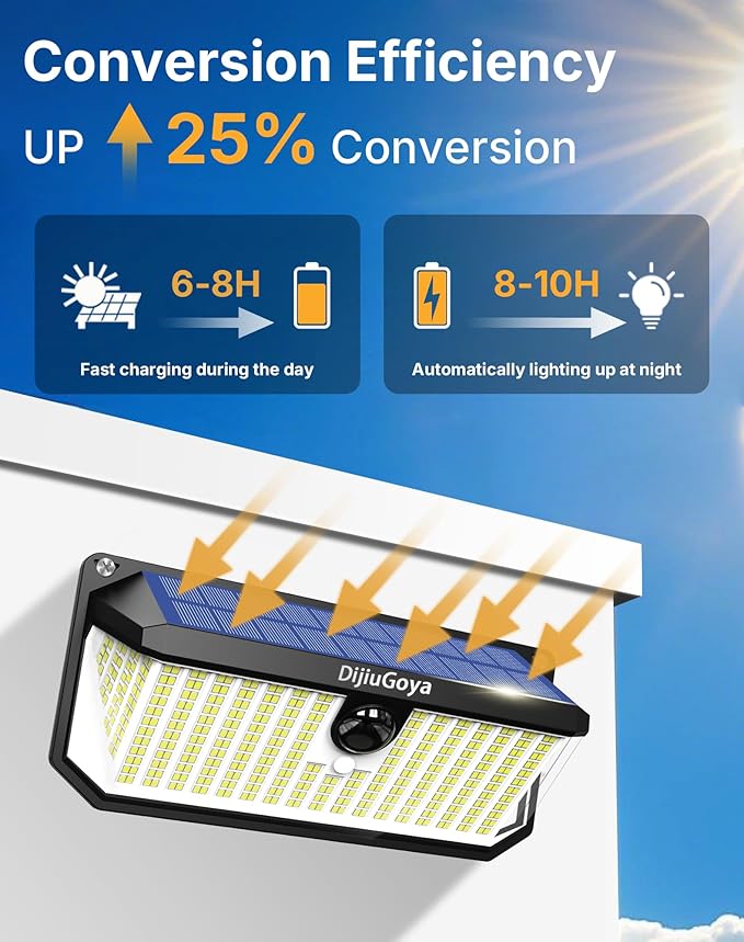 Solar Security Lights Outdoor 466 LED 4000Lm Ultra Bright 270° Wide Motion Sensor IP68 Waterproof 3 Modes Dusk-to-Dawn Solar Flood Light for Driveway Fence Garden Garage 2-Pack