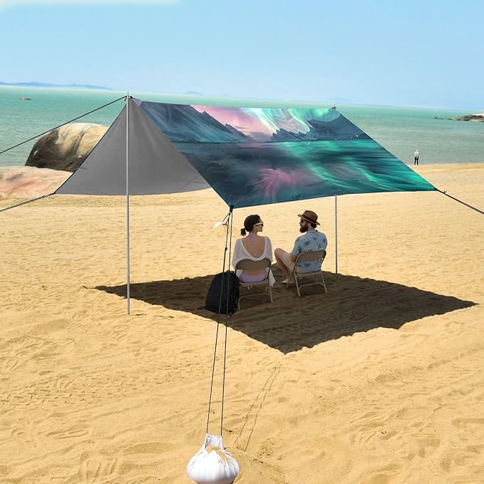 Aurora Borealis Pattern Beach Tent Sun Shelter 9.2' x 10.5' Beach Canopy with 4 Sandbags 4 Stability Poles Sand Shovels - Tent Canopy for Beach Camping Fishing Picnics