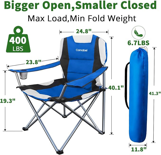 Camabel Folding Camping Chairs Oversized Heavy Duty 400 LBS Sturdy Beach Chair Portable Outdoor Lawn Chairs High Padded Back with Cup Holder Carry Bag for Sporting Hiking Picnics Fishing Concerts Blue