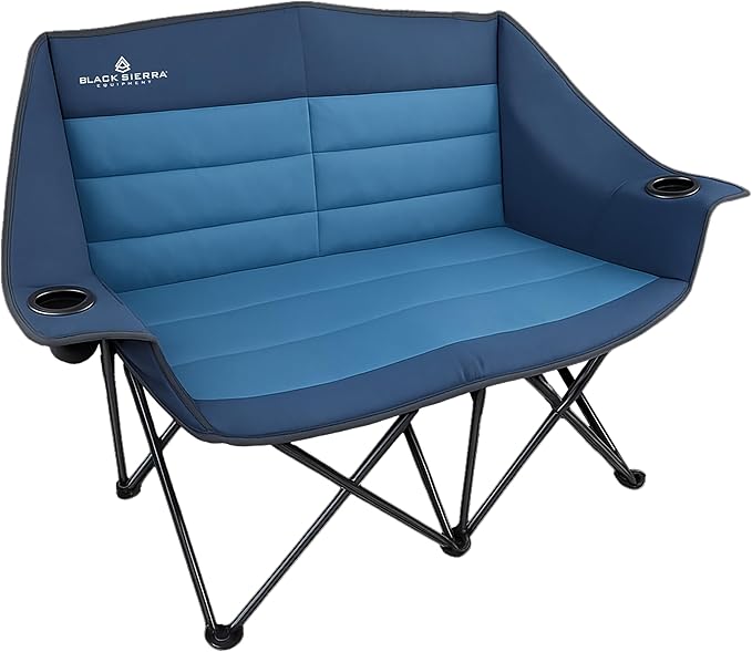 Black Sierra Double Padded Folding Camping Chair Oversized Folding Camp Sofa Portable Outdoor Loveseat Supports 500 lbs Perfect for Beach Tailgating RV Sports Patio