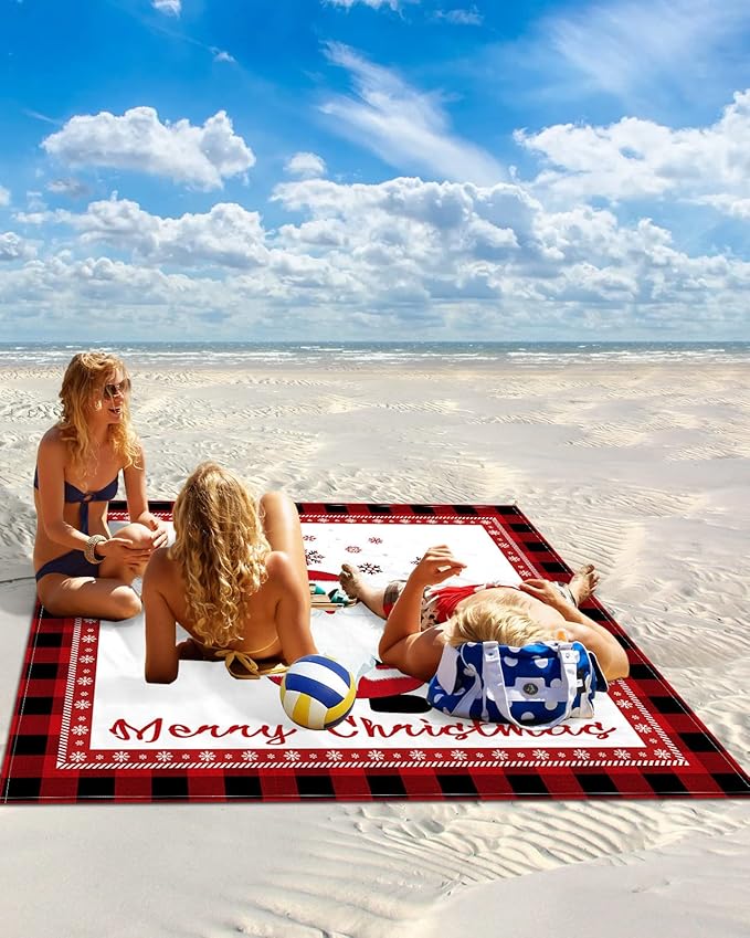 Beach Blanket Waterproof Sandproof Merry Christmas Cute Santa Winter Snowflake Quick Drying Beach Mat with 4 Stakes Red Hat Buffalo Check Lightweight Picnic Blanket for Travel Camping 118x108