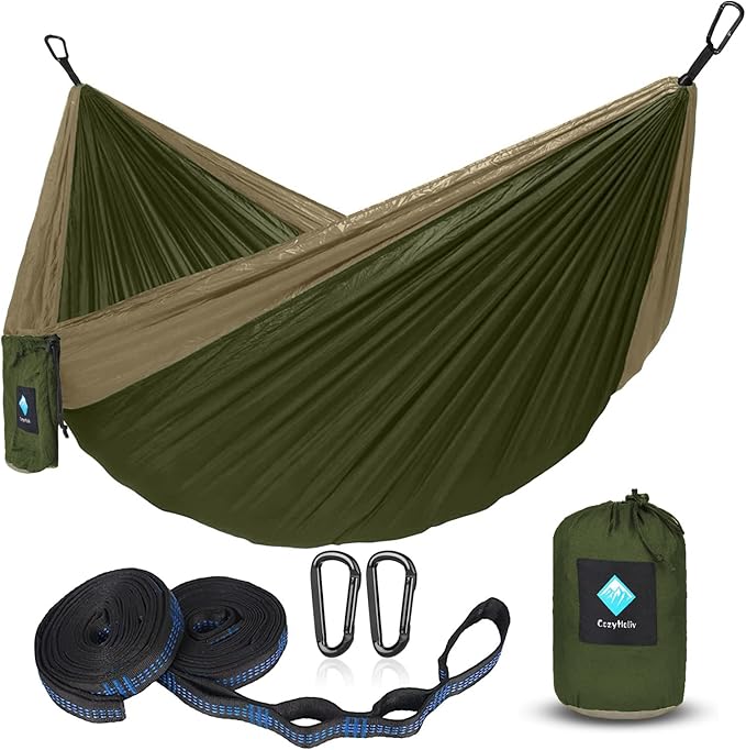 Double Hammocks for Camping Portable Parachute Hammock for Outdoor Hiking Travel Backpacking - Hammocks Swing for Backyard &amp Garden 78''W 118''L (Khaki/Green)