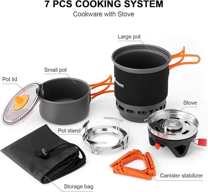 Odoland Heat Exchange Camping Pot with Backpacking Stove 7-In-1 Camping Cookware Mess Kit for Hiking Trekking Fishing and Picnic