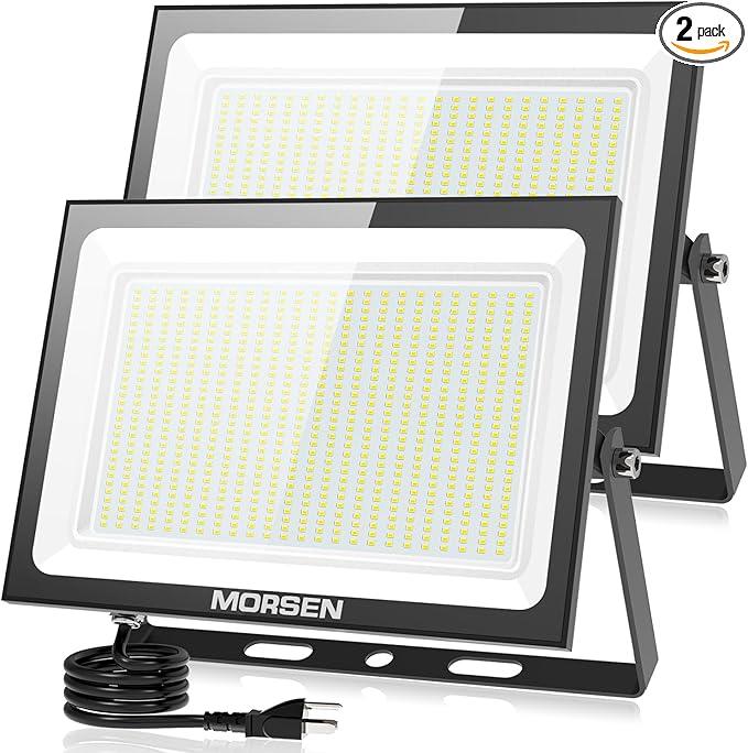 MORSEN 500W Flood Lights Outdoor 60000lm Bright LED Work Light with Plug 6500K Daylight White LED Flood Lighting IP66 Waterproof Security Yard Lights for Yard Garage Stadium 2 Pack