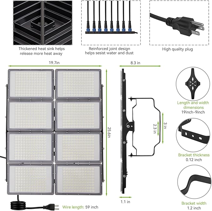 LED Flood Light Outdoor 800W 100000lm Outdoor Lighting with 330° Lighting Angle 6000K 8 Adjustable Heads IP66 Waterproof LED Exterior Security Area Lights for StreetYard Stadium Parking Lot