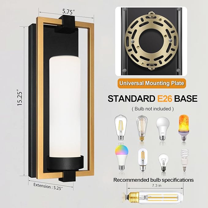 ALVIME Modern Gold Outdoor Wall Light Fixtures 15 Inch 2 Pack Outdoor Wall Sconce for House Waterproof Exterior Lighting Fixtures for Garage Doorway Porch Patio E26 Base&ampEtched Opal Glass