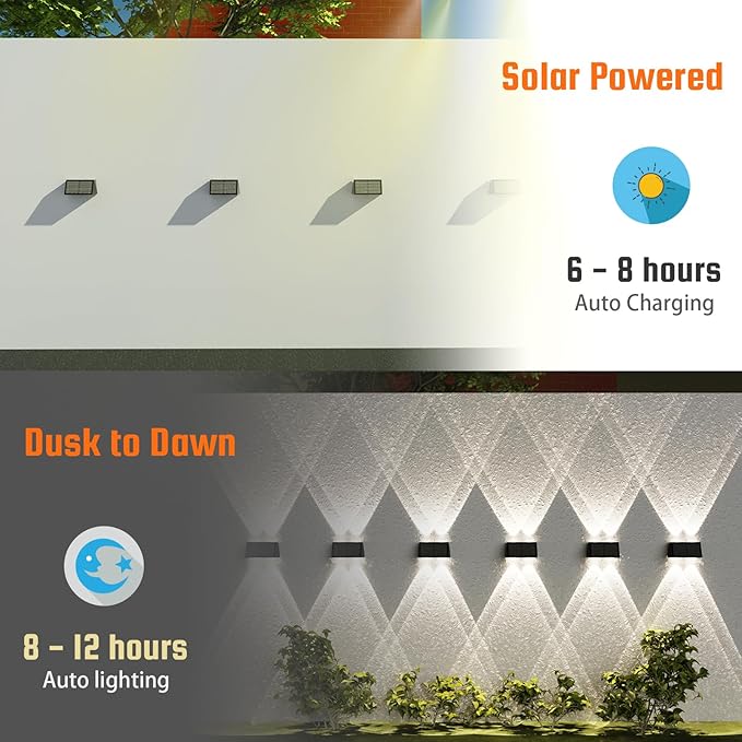 8-Pack Solar Fence Lights Up &amp Down Lighting 50LM/25LM 4 Modes (3000K/6500K) IP65 Waterproof 1200mAh Battery Screw/Adhesive Mount for Garden Wall Path Deck
