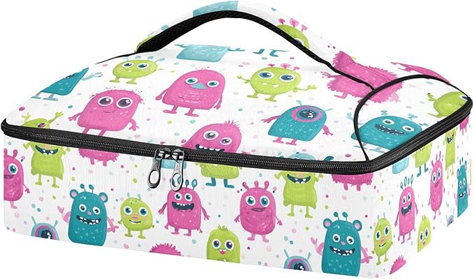 Casserole Carrier Colorful Pattern Cute MonstersInsulated Casserole Carrier for Hot or Cold Food Thermal Lunch Tote for Potluck Parties Picnic Beach Fits 9 x 13 Inches Baking Dish