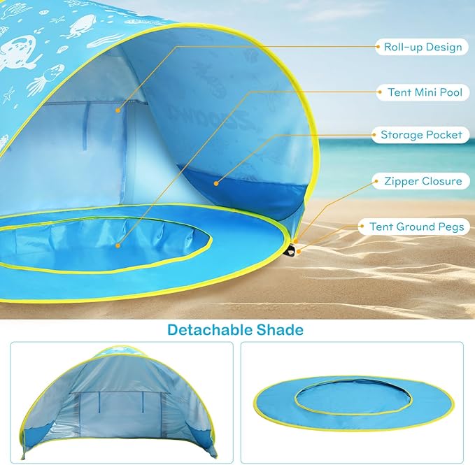 Zooawa Baby Beach Tent Pop Up Beach Tent Sun Shade for Beach Portable Shade Pool UV Protection Sun Shelter for Infant with Beach Sand Toys Set