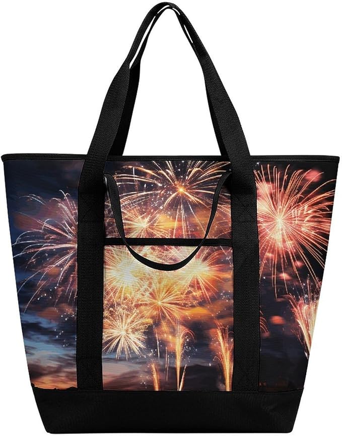 Insulated Shopping BagLarge Reusable Cooler Bags Beautiful Fireworks Printed Foldable Shopping BagTravel Waterproof Shoulder Bag