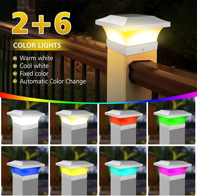 T-SUN 4X4 Post Solar Lights Outdoor Waterproof RGB Color Changing Light for 4X4 5X5 6X6 Wood/Vinyl/Fence Posts Deck Solar Post Lights for Patio Garden Decor or Fence(White Shape-2 Pack)