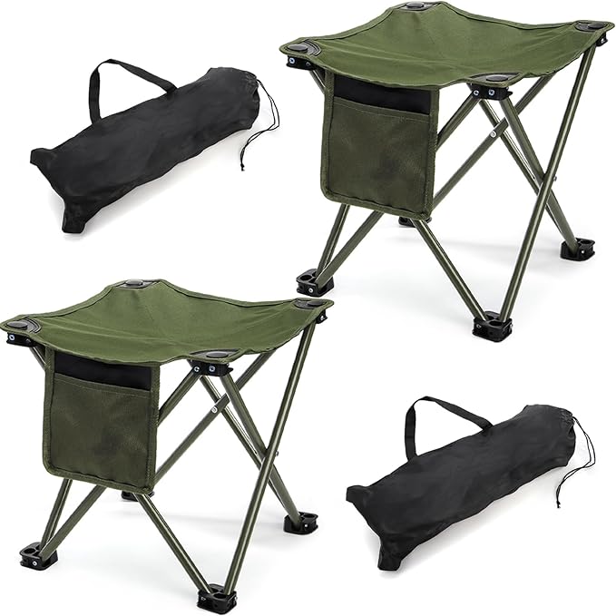 2 Pack Camping Stool Compact Camping Chair Portable 13 Inch Lightweight Folding Stool Seat with Side Pocket and Carry Bag for Outdoor Hiking Fishing Picnic Beach and Lawn Party Green