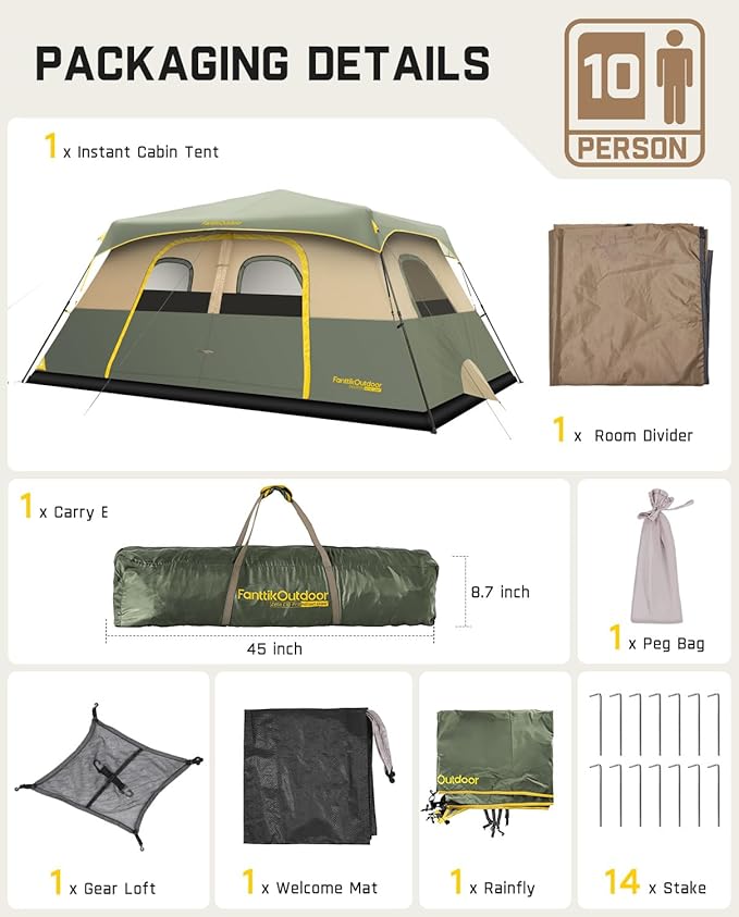 FanttikOutdoor Camping Tent 4/6/8/10 Person Instant Cabin Tent Setup in 60 Seconds with Rainfly &amp Windproof Portable with Carry Bag for Family Camping &amp Hiking Upgraded Ventilation