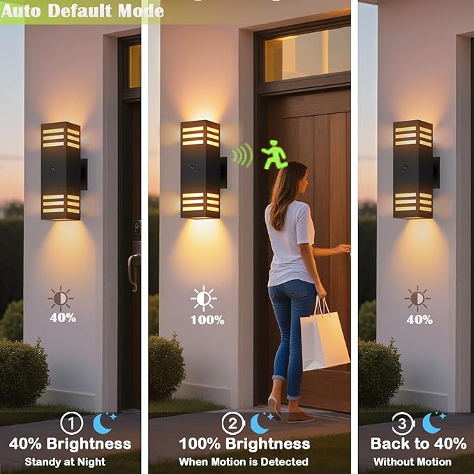Motion Sensor Outdoor Wall Lights Dusk to Dawn Exterior Light Fixture with 3 Modes Waterproof Modern Dimmable Porch Light with Up Down Lighting for Patio Garage Front Door Matte Black 2Pack