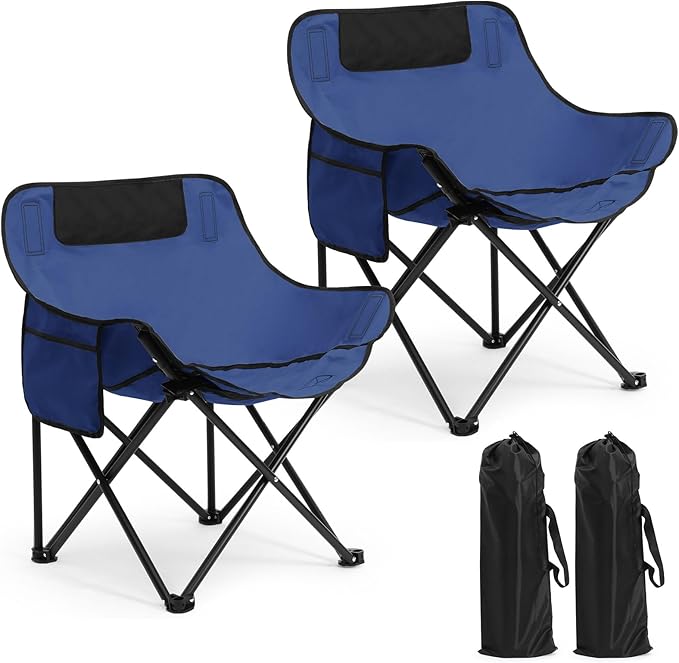 2 Pack Compact Camping Chairs Portable Folding for Outside with Carry Bag Lightweight Moon Chairs for Travel Picnic Hiking Beach Fishing 600D Oxford Supports 330lbs(Blue)