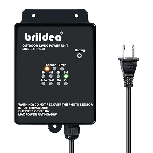Outdoor Low Voltage Transformer Briidea 60W 120V AC to 12V DC Landscape Light Transformer with Countdown Timer and Photocell Light Sensor for Spotlight Pathway Light