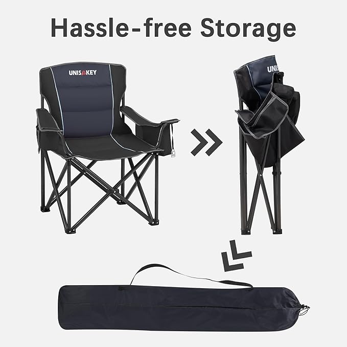 Oversized Folding Camping Chair for Adults - 450lbs Support - Heavy Duty Portable Lawn Chairs with Side Pocket Cup Holder Cooler Bag for Sports Garden Beach Fishing Black