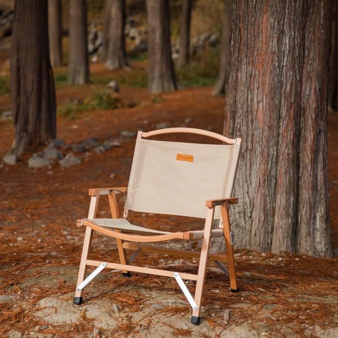 UNISTRENGH Wooden Folding Camping Chair Portable Beech Wood Outdoor Backrest Chair for Road Trip Fishing Beach Patio and Backyard (Khaki_2)