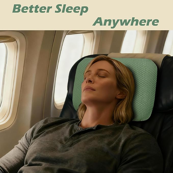 Cooling Camping Pillow Memory Foam Travel Pillow with Adjustable Buckle Strap &amp Storage Bag Compact Small Pillow for Airplane Car Lumbar Office Washable Cooling Cover Canopy Green