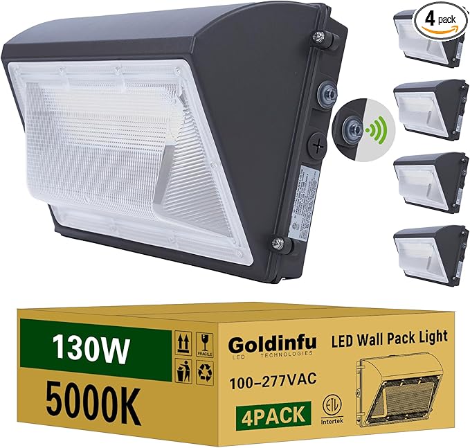 130W LED Wall Pack Light with Photocell 4Packs 5000K 19500LM Commercial Security Flood Lighting Outdoor LED Wall Lights Exterior Fixture for Parking Lot Yard Warehouse DIM100-277VACETL Listed