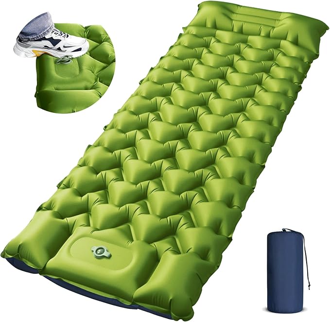 Camping Sleeping Pad Ultralight Camping Mat with Pillow Built-in Foot Pump 4 Thick Inflatable Sleeping Mat Compact for Backpacking Hiking Car Traveling Camp Tent