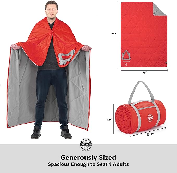 STOVER Large Waterproof Outdoor Stadium Blanket- Extra Thick Soft Fleece Camping Blanket for Travel Picnics Sports Dogs 79x55 Warm Windproof Sand-Proof Lightweight Packable (Sunset Red)