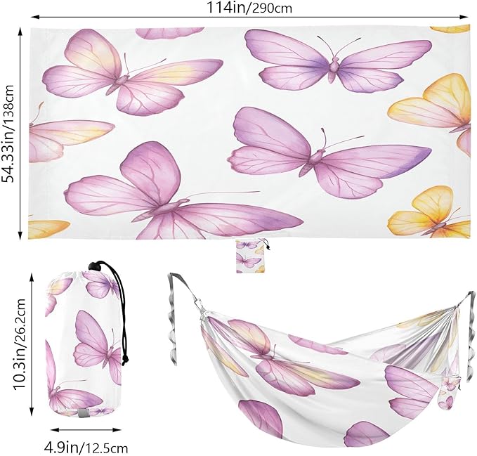 YETTASBIN Pink Purple Butterflies Camping Hammock - 330lbs Lightweight &amp Portable Single or Double Hammock with Tree Straps &amp Carry Bag for Indoor Outdoor Hiking Backpacking Travel Backyard Be