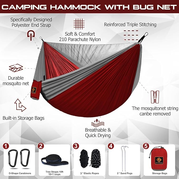 Camping Hammock Portable Hammocks with Mosquito NetLightweight Nylon Parachute Hammock with 10ft Tree StrapsCamping Gear Must Haves for Travel Hiking Backpacking Beach Patio-Red&ampGrey