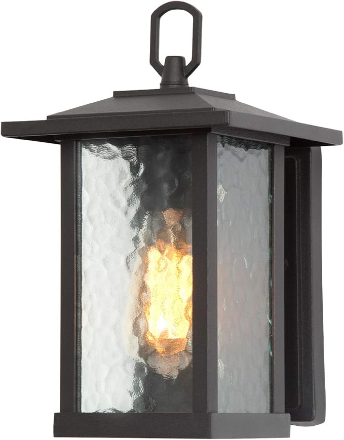 LALUZ Rectangle Outdoor Light Fixtures Wall Mount Weather-Proof Porch Lights Outdoor with Water Ripple Glass Anti-Rust Outdoor Wall Lantern for Patio Yards Garden Front Door Matte Black Finish
