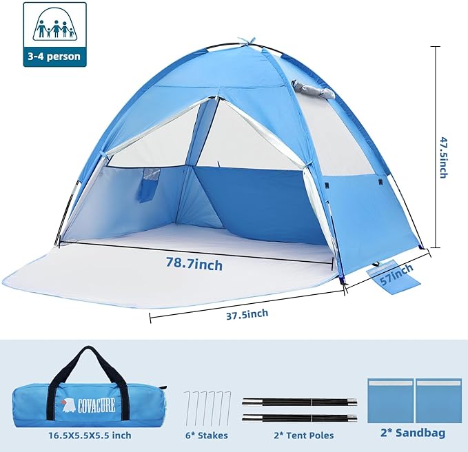 COVACURE 2026 New Upgraded Beach Tent Sun Shelter for 3-4 Person - UPF 50+ UV Protection Beach Shade Waterproof &amp Lightweight Easy Setup Portable Sun Canopy for Camping Fishing Beach(Blue)