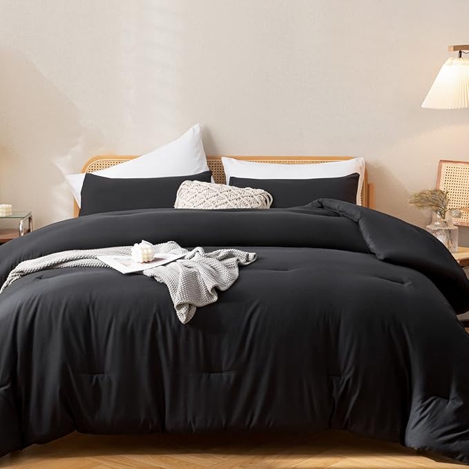 ROSGONIA Oversized King Comforter Black 3pcs(1 Boho Comforter &amp 2 Pillowcases) Soft Lightweight Oversized King Size Comforter Sets All Season Bedding