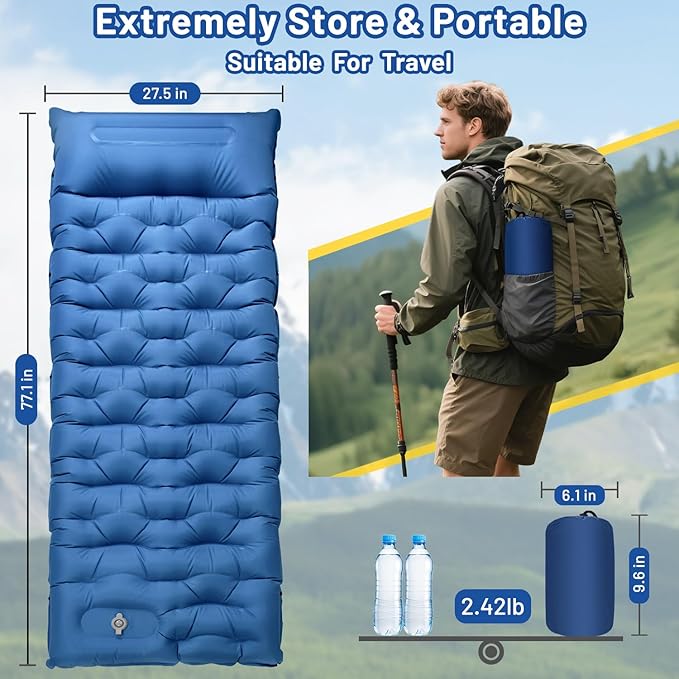 Camping Sleeping Pad Extra Thick 6 Inch Camping Mat with Pillow Built-in Foot Pump Ultralight Inflatable Sleeping Pads Compact for Hiking Backpacking Camping Traveling Tent Portable Sleeping Mat