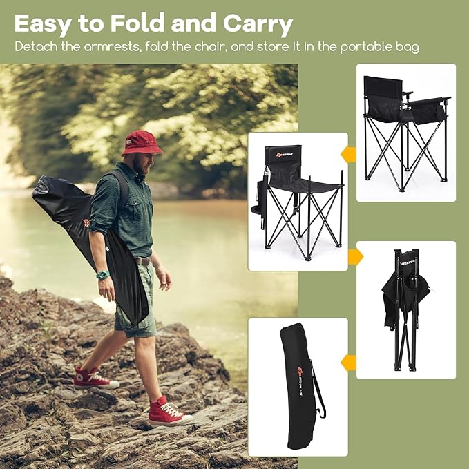 Goplus Folding Camping Chair Outdoor Portable Beach Chair Heightened Design w/Detachable Armrests Storage Pouches &amp Carrying Bag for Fishing Picnic Lawn (Black 250LBS Weight Capacity)