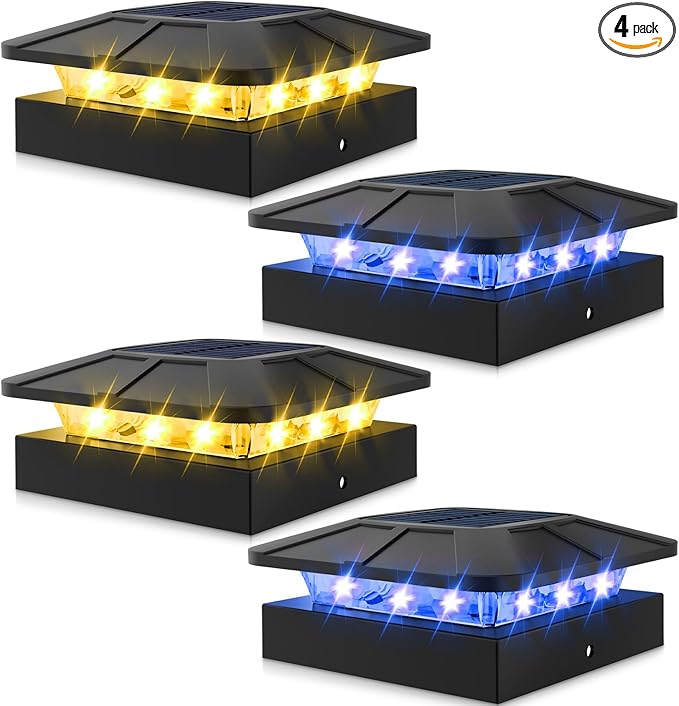 Peasur 4 Packs 4x4 Solar Post Lights Outdoor Blue &amp Warm White LED Fence Caps Light Waterproof Wood &amp Vinyl Post Top Lighting for Deck Mailbox Railing Porch Outside