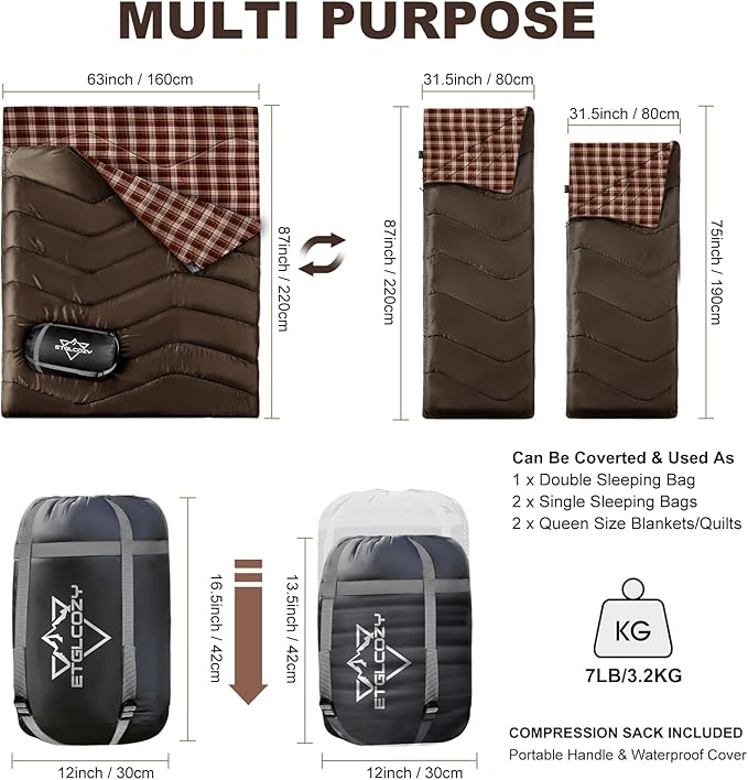 XL Queen Size 2 Person Double Sleeping Bag for Adults Lightweight Compact with Flannel Liner &amp Thermolock Draft Tube Machine Washable All Season Camping Travel