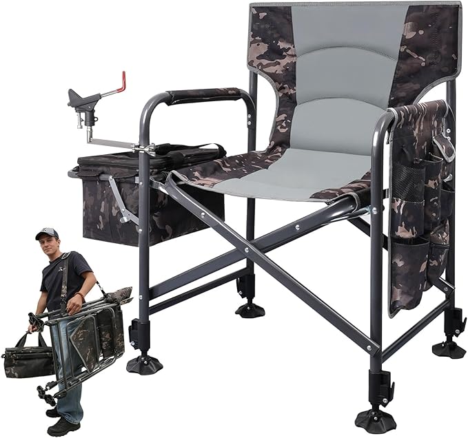 Fishing Chair with Rod Holder Folding Heavy Duty Ice Fishing Camping Chair with Liftable Cooler Bag Cup Holder Adjustable Legs