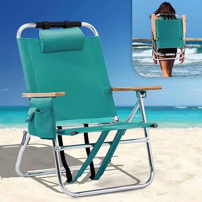 VINGLI Aluminum 13 Backpack Beach Chair – Tall Beach Chairs for Adults Portable with Adjustable Straps 3-Position Reclining Cup Holder High Lightweight Beach Chairs for Beach