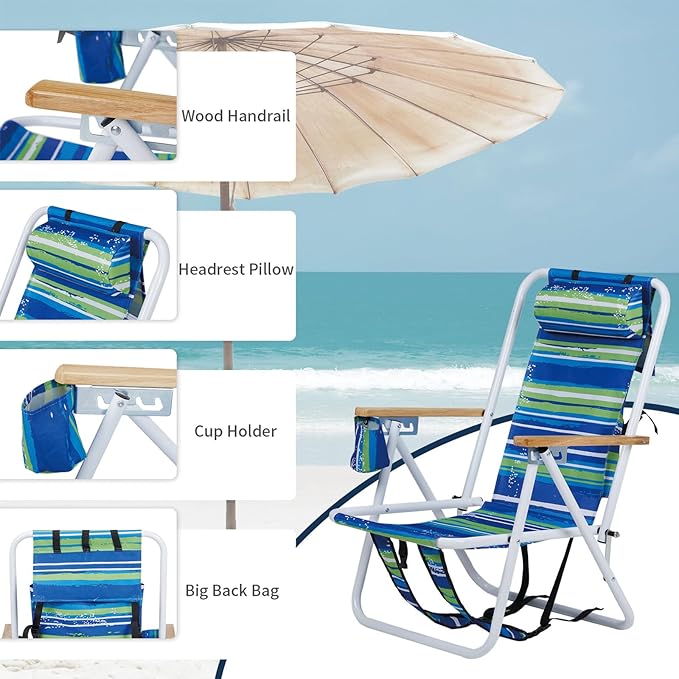 Folding Beach Chair Set of 2 for Adults 4 Position Portable Backpack Foldable Camping Chair with Headrest Cup Holder and Wooden Armrests Blue &amp Green Stripes
