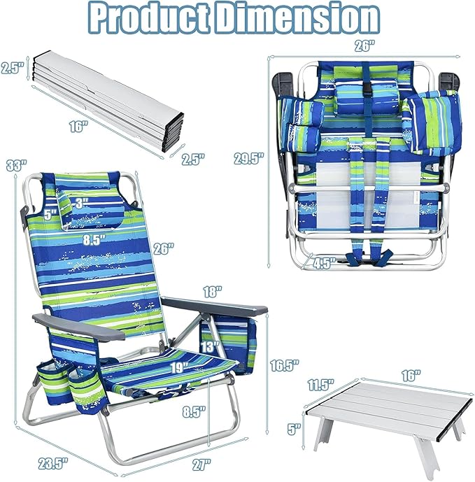 COSTWAY Backpack Beach Chairs Set 3-Piece Portable Camping Chairs with Cup Holder Ice Bag 5-Position Outdoor Reclining Chairs for Adults Travel Sunbathing Support 300 LBSBlue &amp Green