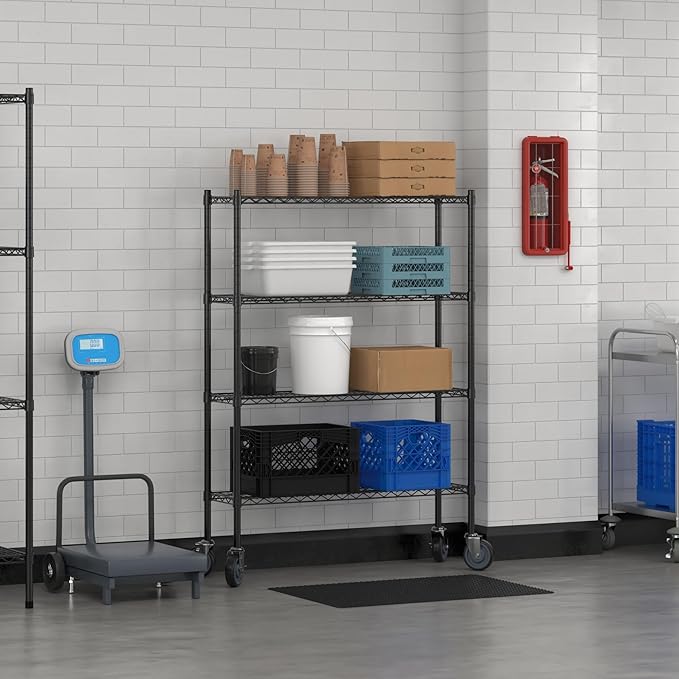 Commercial NSF Listed Black Epoxy Mobile Wire Shelving Kit 12 x 42 x 60 with 4 Shelves Perfect for Warehouse Walk-in Refrigerator Freezer Grocery Store Restaurant Dishroom