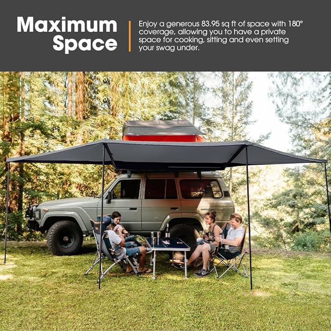 Sanhima 180 Awning Free Standing Built-in LED Light 84 ft² Shelter Car Side Waterproof UV50+ Wind Resistant Driver Passenger Side 180 Degree Vehicle Awning for SUV Van Truck