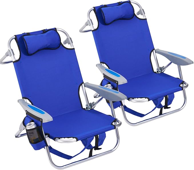 2 Pack Lightweight Portable Camping Beach Chair for Adults Outdoor Lay Flat Folding Beach Chairs with 5 Positions Backpack Beach Chair with Towel Bar Zipper Pouch Cup Holder Blue