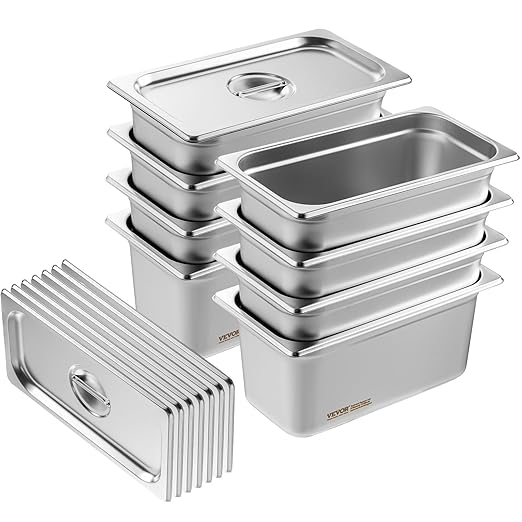 VEVOR 8 Pack Hotel Pans with Lids 1/3 Size Anti-Jam Steam Pan 0.8mm Thick Stainless Steel Steam Table Pan 6-Inch Deep Commercial Table Pan Catering Storage Food Pan for Industrial &amp Scientifi