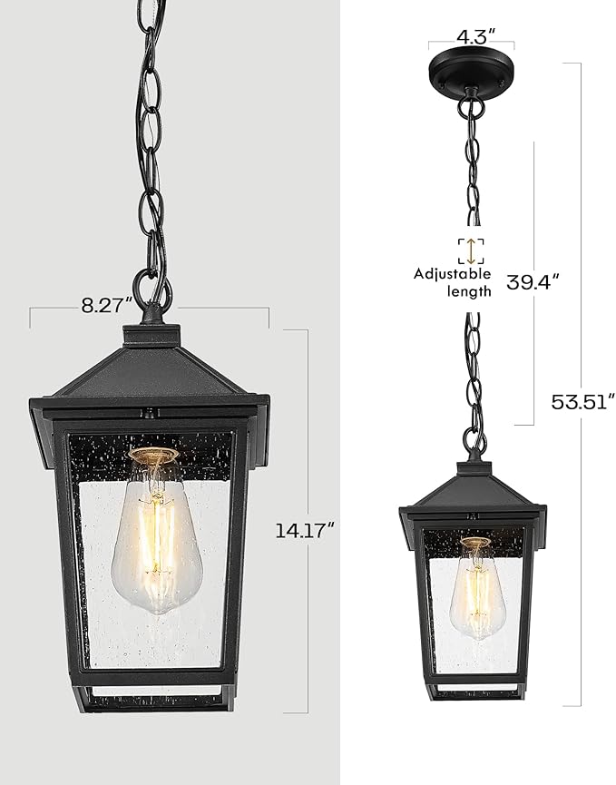 Outdoor Pendant Lights for Porch HWH Exterior Hanging Lantern Farmhouse Outdoor Pendant Light for Gazebo Seeded Glass Shade Matte Black 5HX64HM BK (Large)