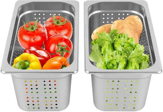 2 Pcs Filtering Pans 6.34Qt Anti-Jam Perforated Pan Stainless Steel Steam Pan Filter BasketCommercial Hotel Pan Catering Food PansDishwasher/Oven/Freezer Safe