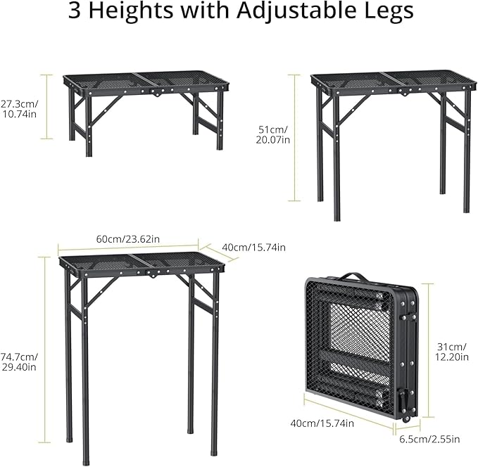 Anbte 2ft Folding Grill Table Max 29.5 3 Adjustable Height Lightweight Camping Table with Heat-Resistant Mesh Tabletop Portable Handle Waterproof for Cooking BBQ Outdoor 22.8 X 16 Black