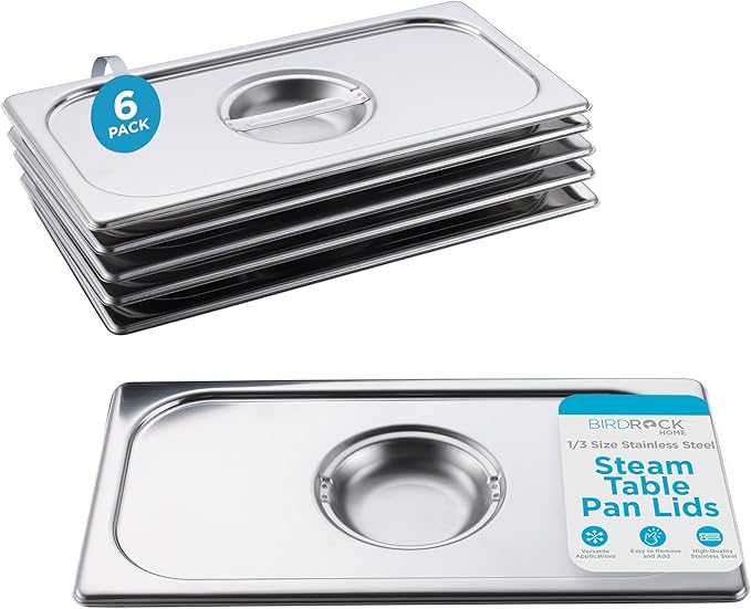 BIRDROCK HOME Stainless Steel Steam Table Pan Lids - Restaurant and Catering Supplies - 24 Gauge Steel - Perfect for Meal Prep Cooking and Food Storage Container - 6 Pack Fits 1/3-Size Hotel Pans